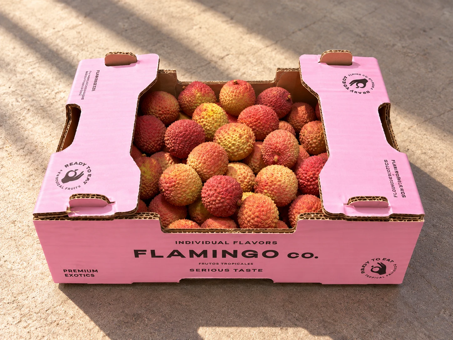 Lychees in a Flamingo Co. box