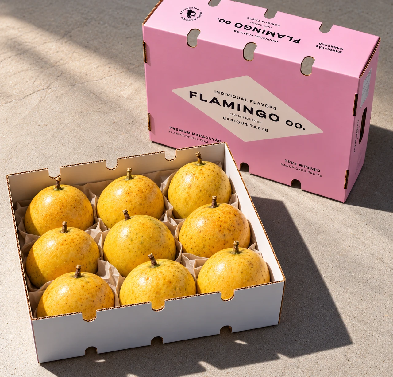 Passion fruit in Flamingo Co. packaging