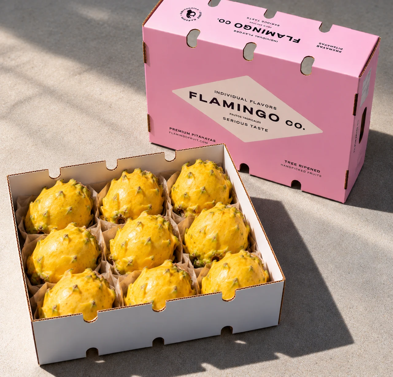 Yellow pitahaya in Flamingo Co. packaging